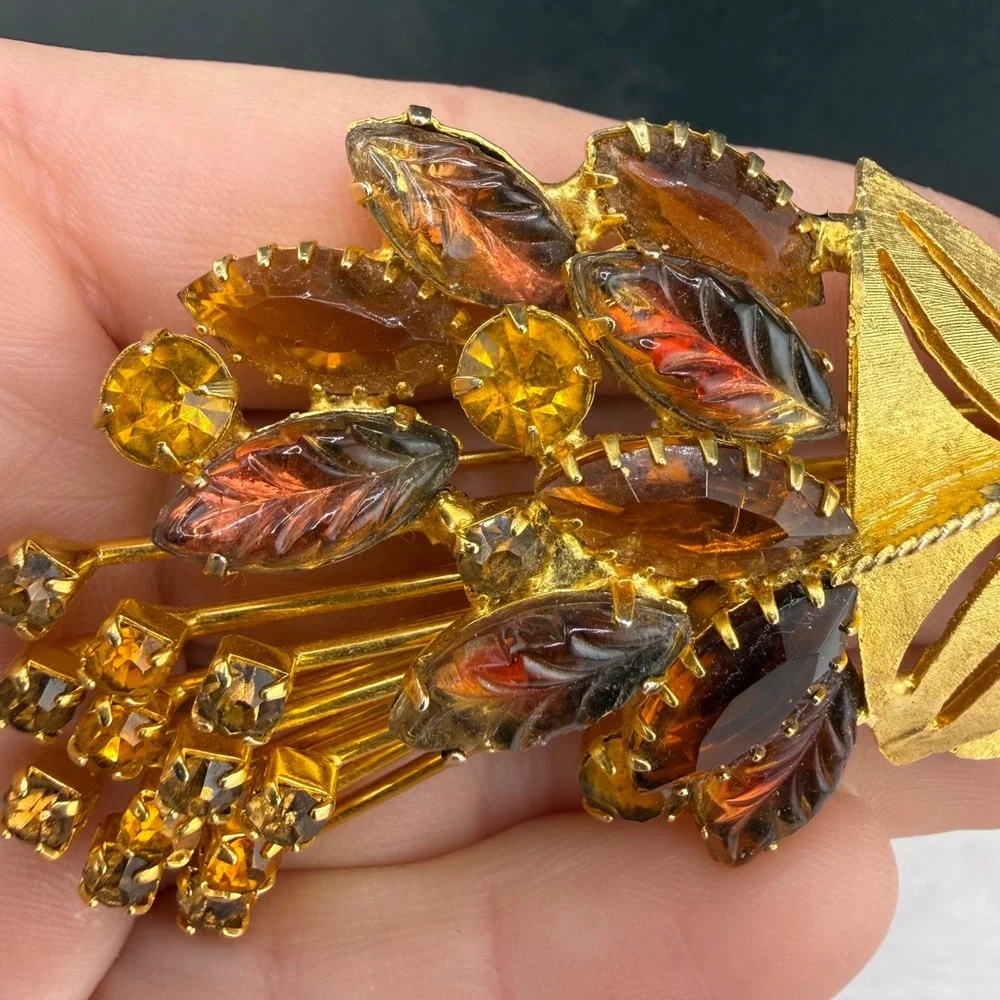 Vintage Rhinestone Brooch Gold Tone Orange Brown Rhinestone Leaf Spray Molded
